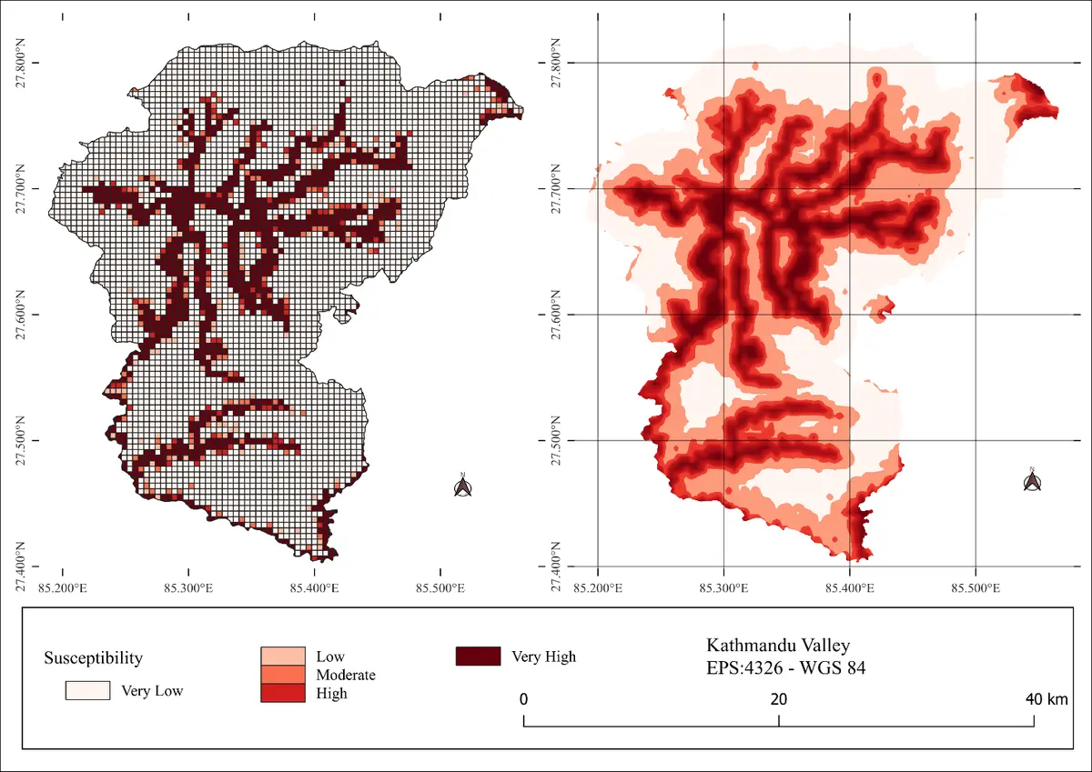 Flood susceptibility maps of Kathmandu Valley from the CNN and Random Forest models